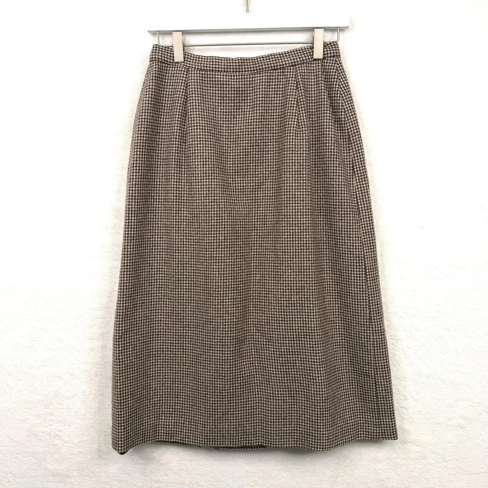 VTG 70s Houndstooth‎ Wool Blend Heavyweight Pleated Midi Skirt Brown Sz XS